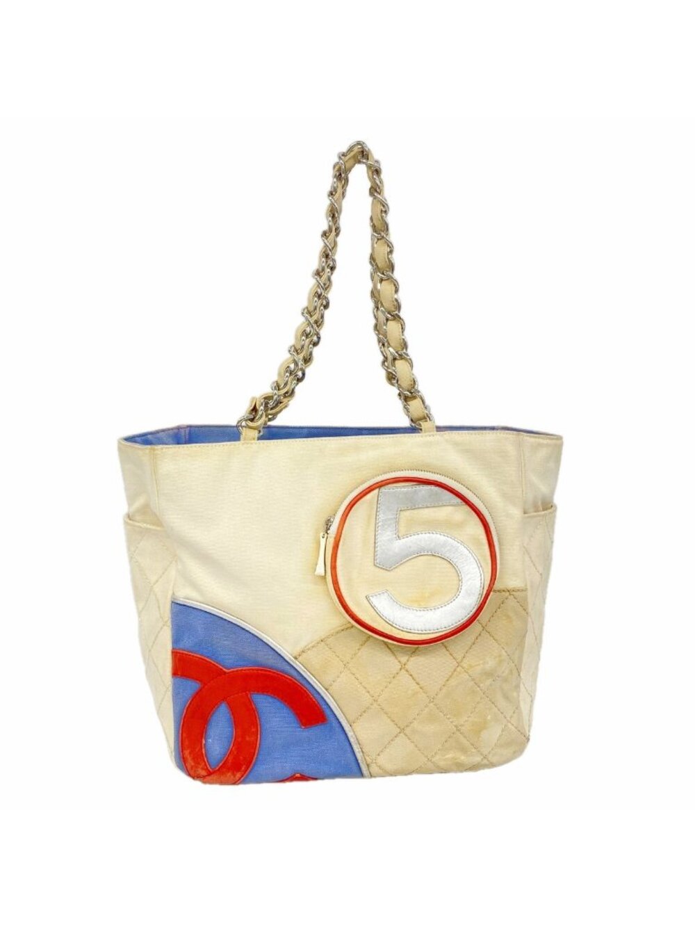 Chanel Chain Tote Bag Canvas White Blue Silver